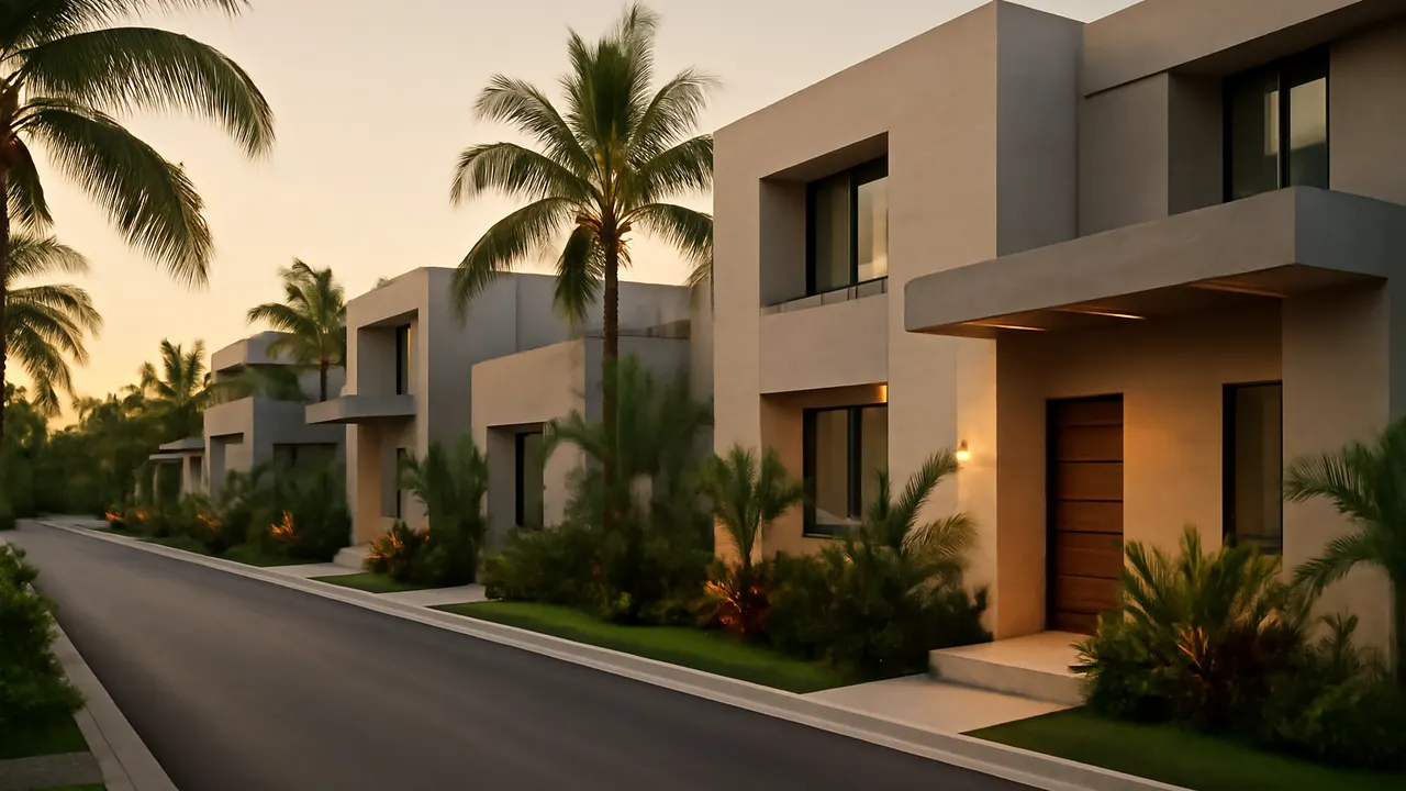 Calle residencial tranquila en Punta Cana con viviendas de lujo en estilo caribeño, travertino crema y hormigón visto, rodeada de vegetación autóctona