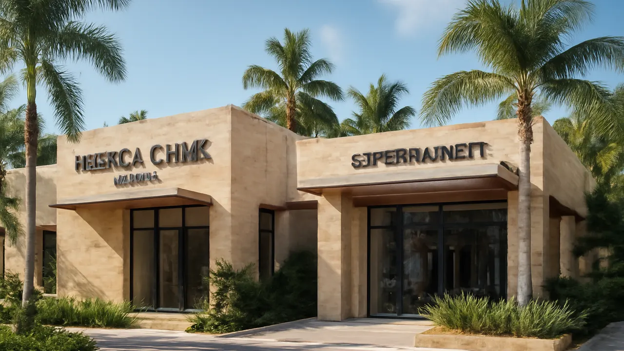 Edificios de servicios esenciales en Punta Cana con arquitectura caribeña de lujo en travertino y hormigón, rodeados de vegetación tropical