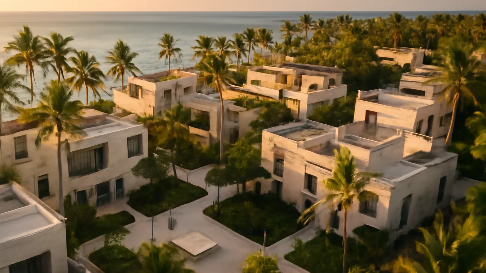 Vista aérea al atardecer de un área residencial de lujo en Punta Cana con arquitectura caribeña en travertino crema y hormigón visto, vegetación autóctona y escala humana