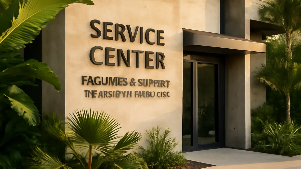 Service center in Punta Cana with travertine stone facade and exposed concrete, surrounded by tropical vegetation, representing services for expats