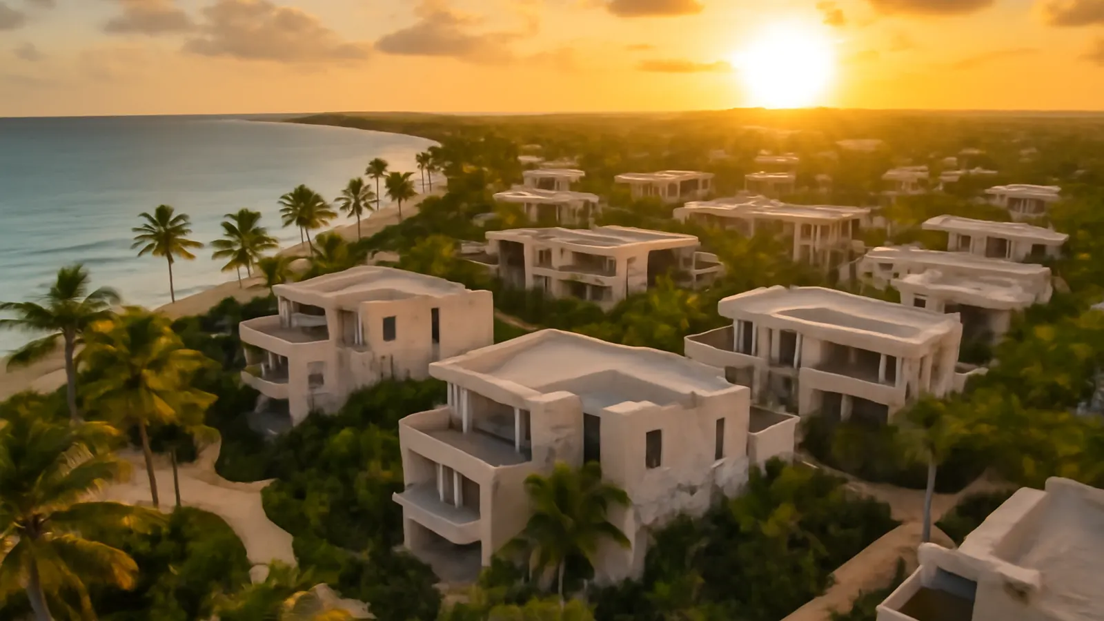 Vista aérea al atardecer de una comunidad residencial de lujo en Punta Cana con arquitectura caribeña, piedra travertina crema, hormigón visto y vegetación autóctona