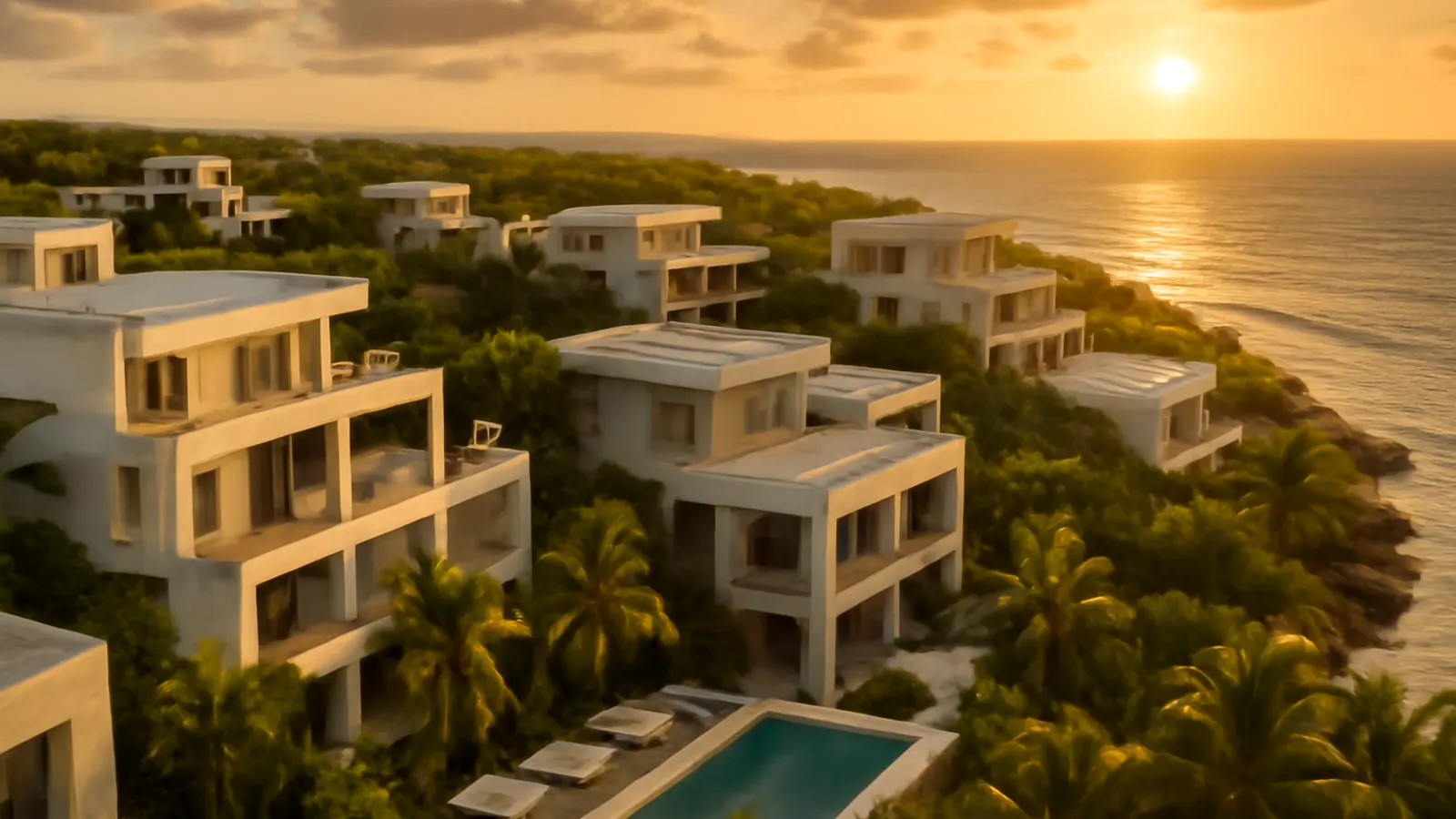 Aerial view of a luxury resort in Punta Cana with Caribbean cream travertine and exposed concrete architecture, native vegetation, and sunset light, representing vacation rentals in Punta Cana