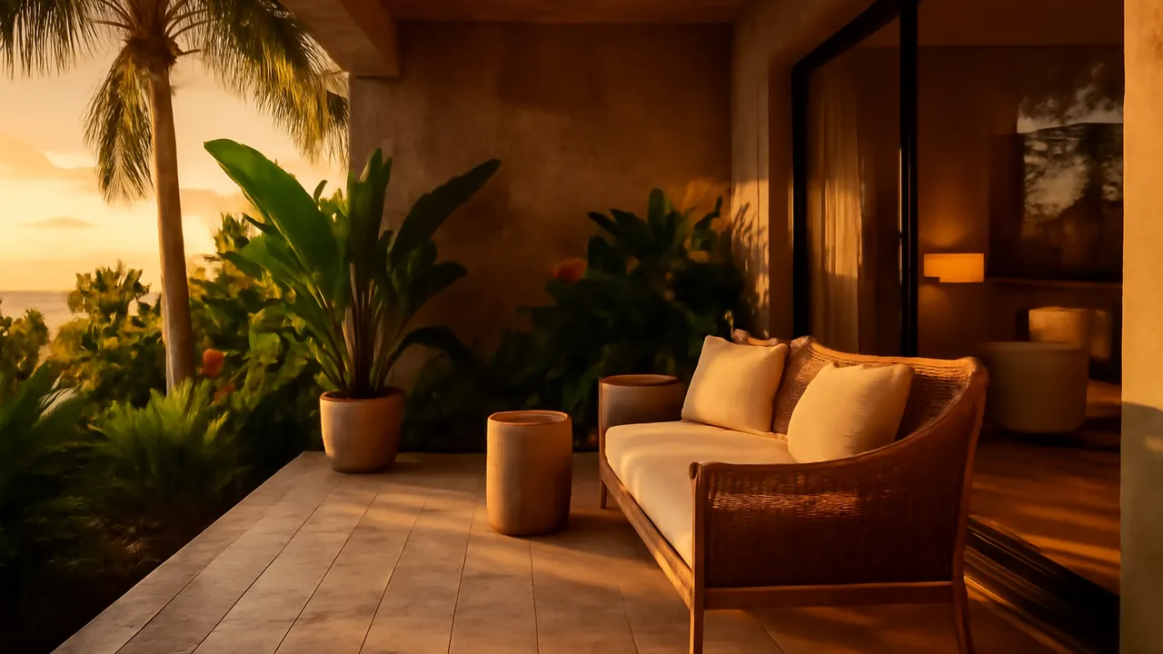 Vacation rental terrace in Punta Cana with cream travertine flooring, exposed concrete walls, and native vegetation under warm sunset light