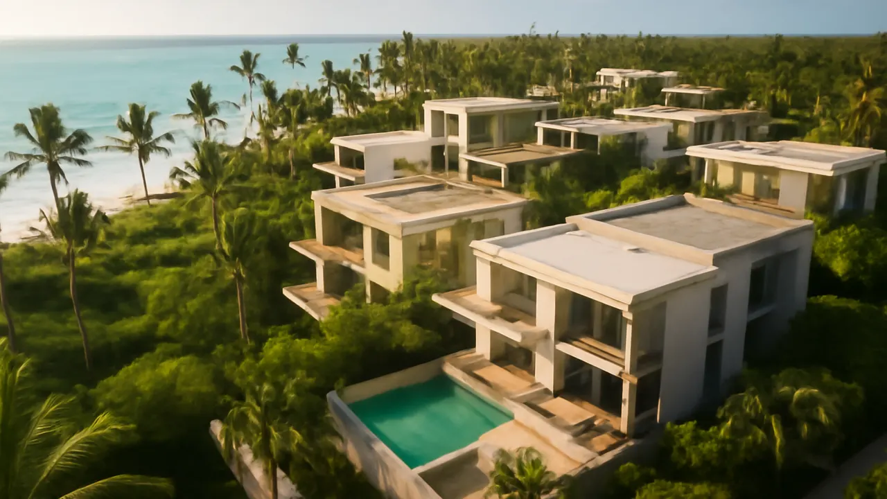 Aerial view of a luxury resort in Punta Cana with cream travertine and exposed concrete architecture, surrounded by native vegetation, reflecting tourism trends and occupancy