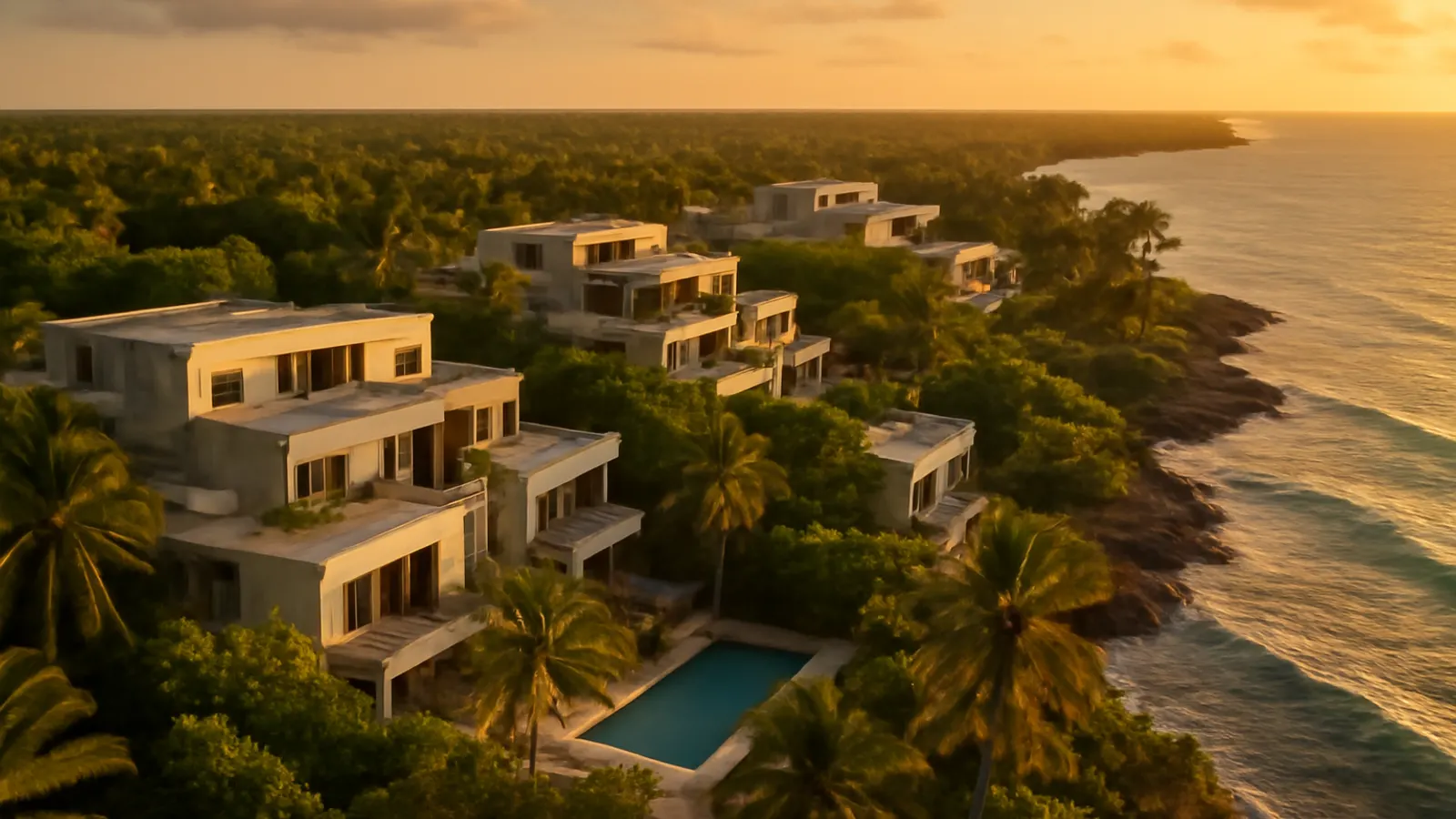 Vista aérea al atardecer de un complejo residencial de lujo en Punta Cana con arquitectura de hormigón visto y travertino crema, rodeado de vegetación autóctona, mostrando la escala humana y ambiente caribeño