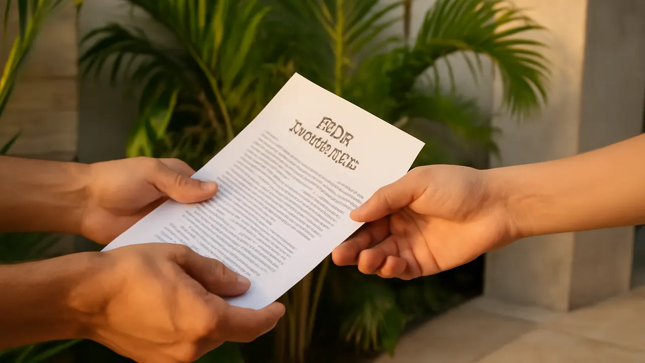 Manos intercambiando documentos legales en entorno tropical, representando requisitos legales para compra de propiedad en Punta Cana