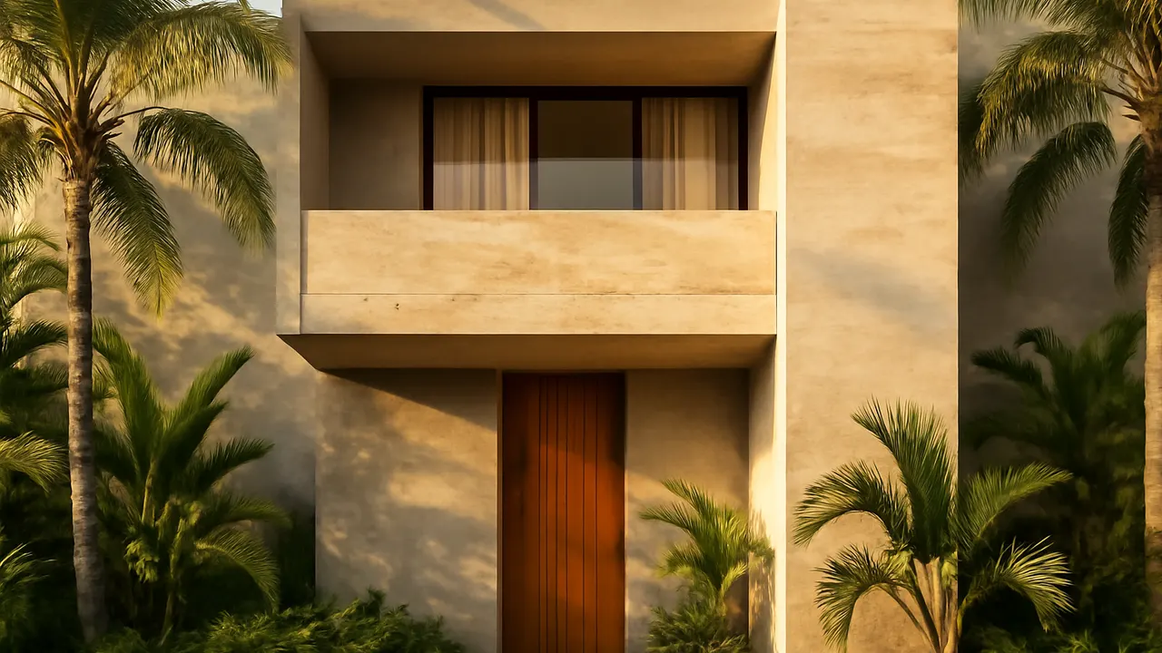 Detalle arquitectónico de fachada moderna en estilo caribeño con hormigón visto y travertino crema, rodeado de vegetación autóctona al atardecer