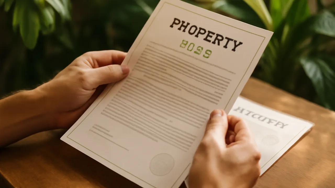 Manos sosteniendo documentos oficiales de propiedad inmobiliaria con fondo de plantas tropicales y luz natural cálida