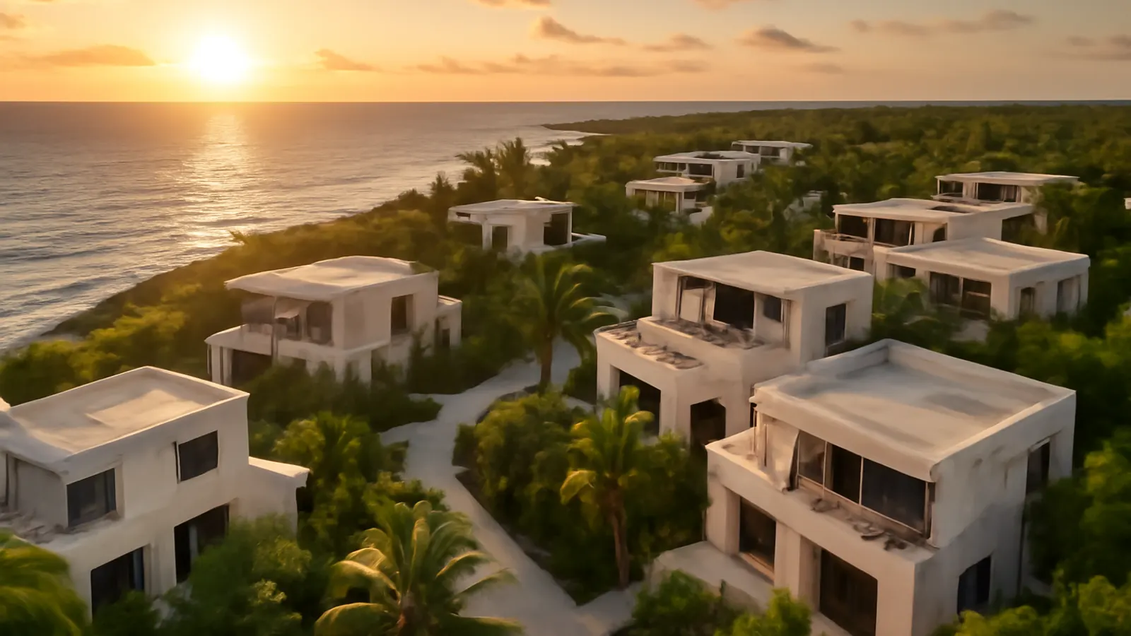 Vista aérea de una zona residencial de lujo en Punta Cana al atardecer, con arquitectura en travertino crema y hormigón visto rodeada de vegetación autóctona, luz natural cálida